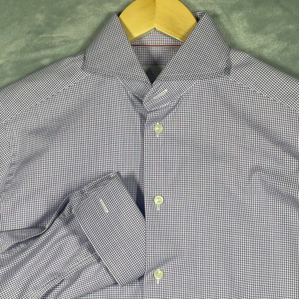 Eton Mens Slim Fit Purple White Micro Check Dress Shirt French Cuffs 38